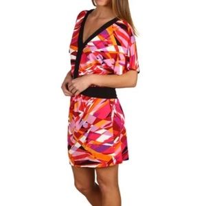 $148 BCBG MAXAZRIA Begonia Combo ABSTRACT printed Jersey V-Neck Dress (S)